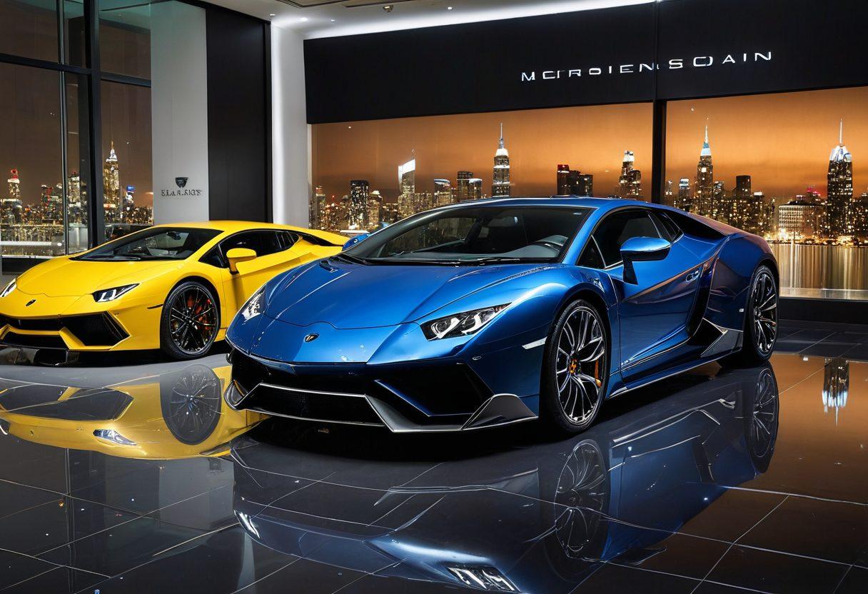 A sleek, modern showroom featuring the latest luxurious cars like Lamborghinis and Bentleys, with reflective polished floors and dramatic lighting. An expert in a stylish suit stands beside one of the cars, presenting a stylishly designed brochure. In the background, vibrant city skyline visible through large glass windows. Emphasize elegance and luxury with rich colors while spotlighting key vehicles. super-realistic. vibrant colors. 3D.