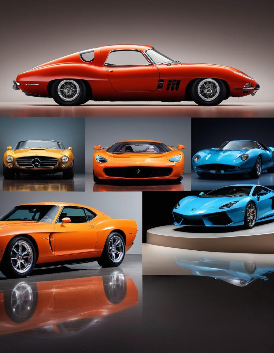 A stunning montage of various beautiful cars parked in an elegant showroom setting, showcasing sleek lines and vibrant colors. Include a reflection of the cars in polished floors, accentuated by soft lighting that highlights their curves. Add a subtle overlay of automotive terms like 'luxury,' 'performance,' and 'design' in a stylish font. super-realistic. vibrant colors. soft focus.