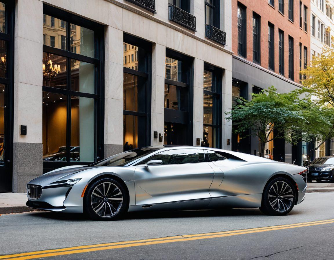A sleek, high-end vehicle parked on a modern city street, surrounded by luxury shops and stylish architecture. The image should evoke a sense of sophistication and elegance, with reflections of the vehicle shimmering on the pavement. Add subtle hints of a review context, like a notepad or a laptop nearby. Warm, inviting colors should dominate the scene, creating an upscale ambiance. super-realistic. vibrant colors. urban backdrop.